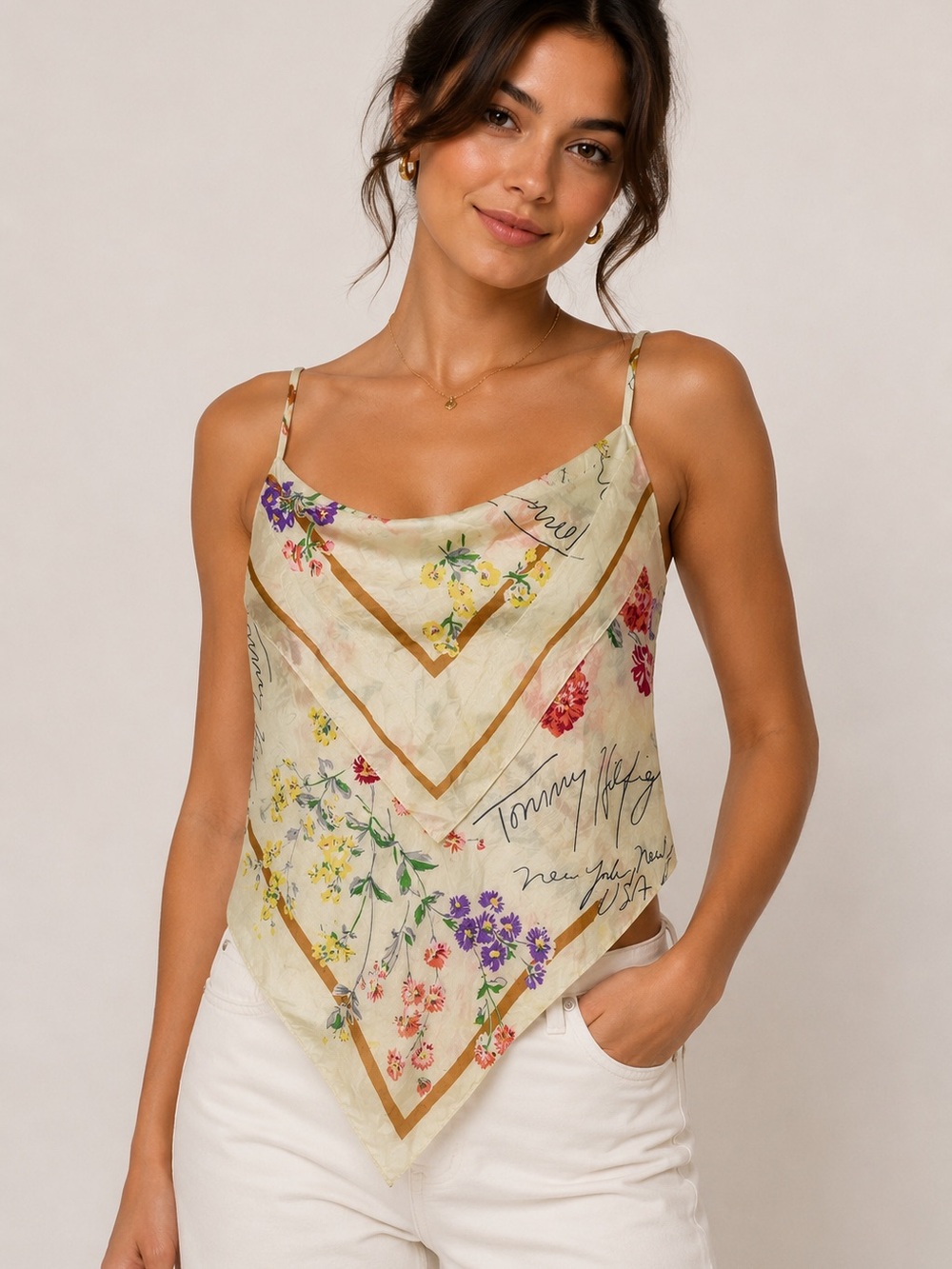 Tommy Hilfiger Cream Floral Handkerchief Hem Cami with Multicolor Flowers, Y2K
